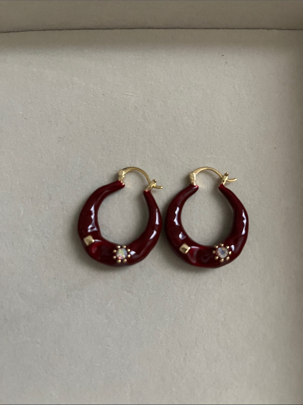 Gold & Deep Red Hoop Earrings with Pearl Accent NEW